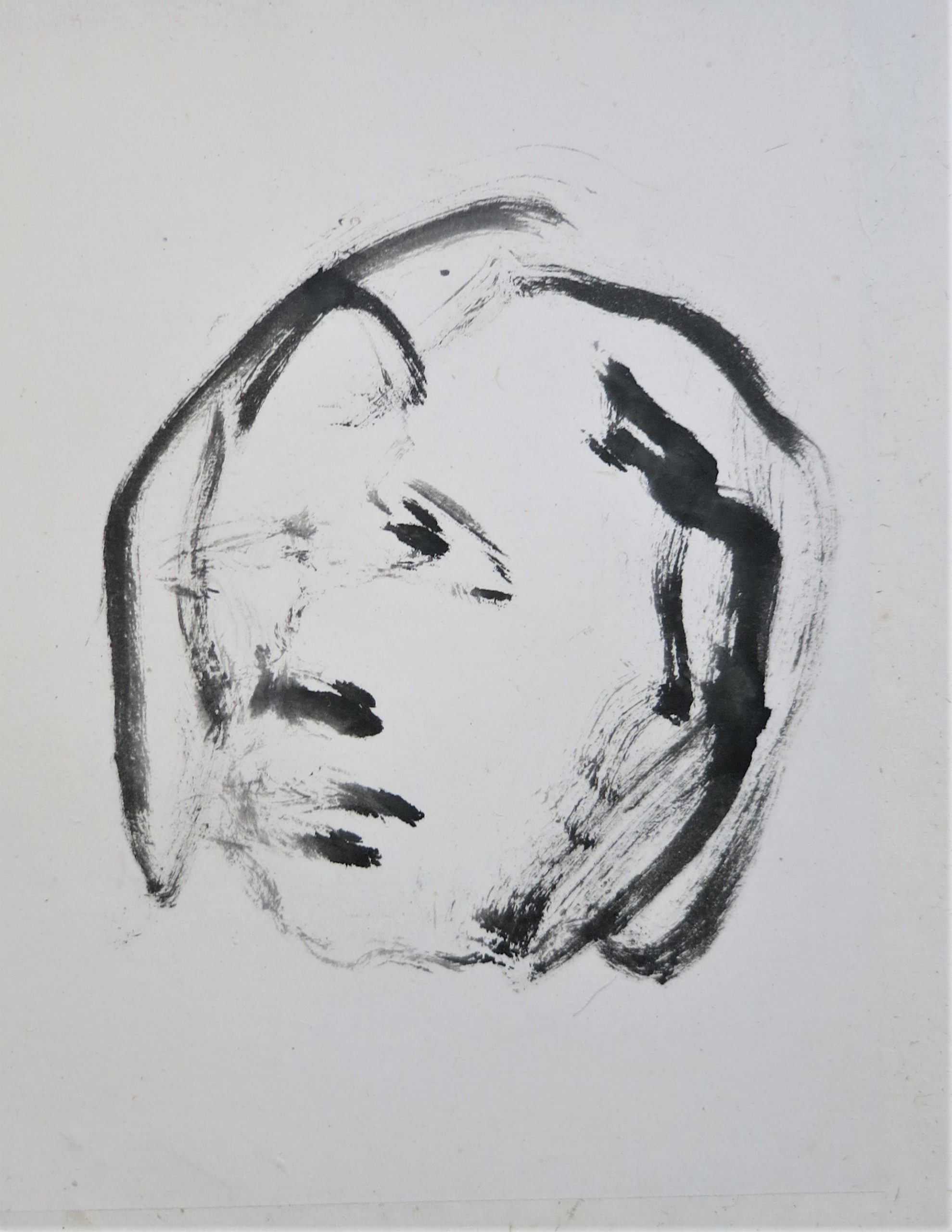 Philosophical ink portrait in xieyi style, reduced to expressive brush and ink strokes