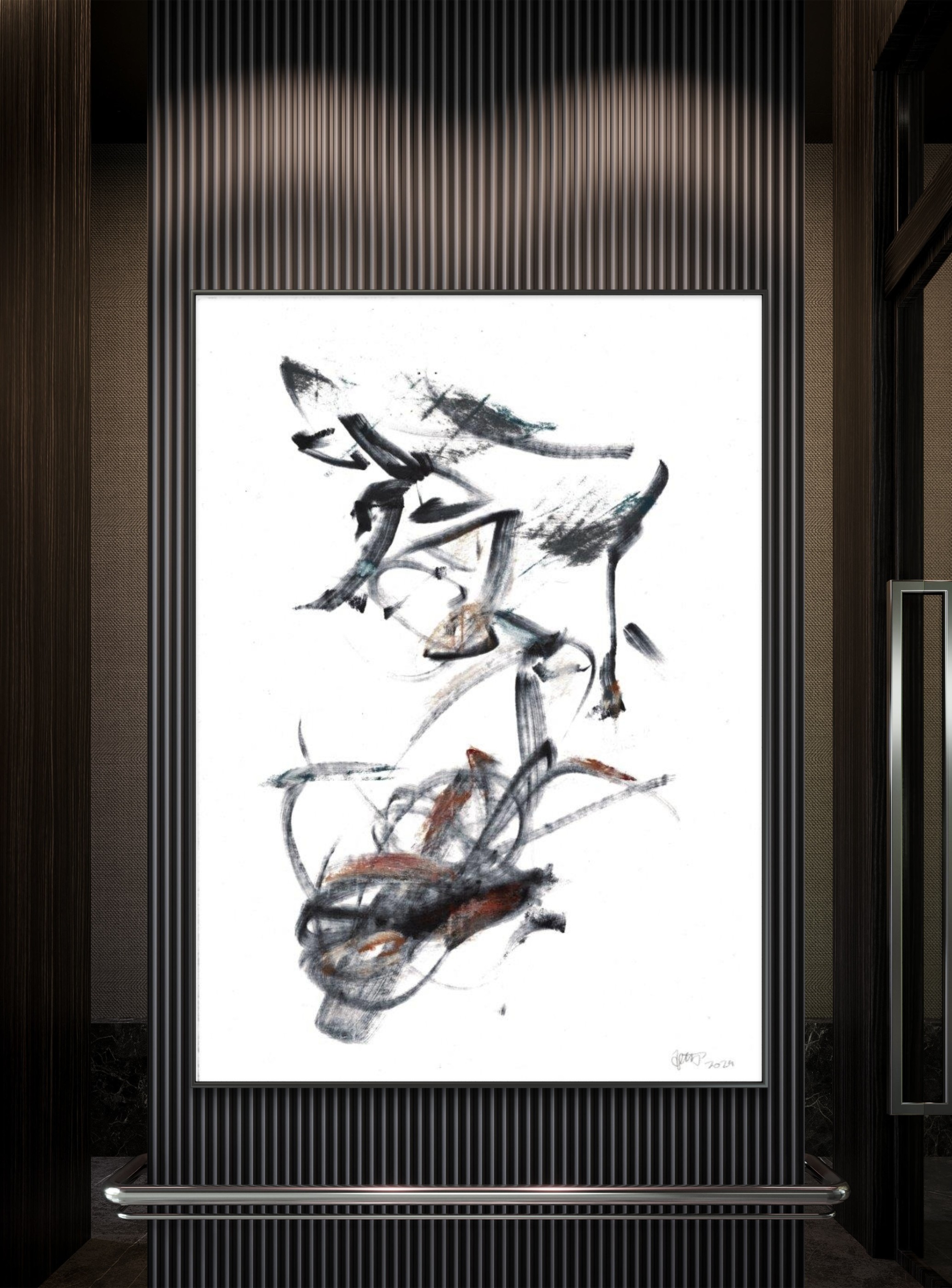 Contemporary Zen ink painting with minimalist brushwork and expansive negative space