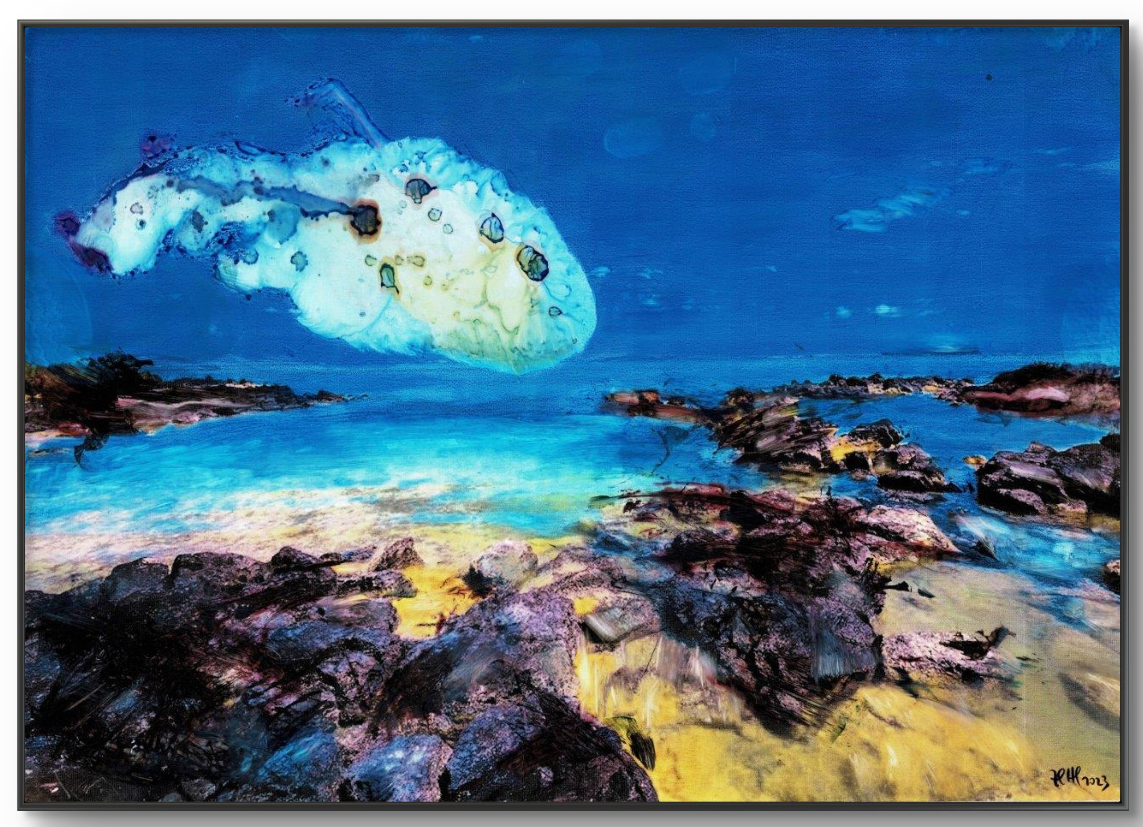 Surreal painting by Friedrich Zettl showing a pale floating fish above a blue seascape with dark rocky forms in the foreground.