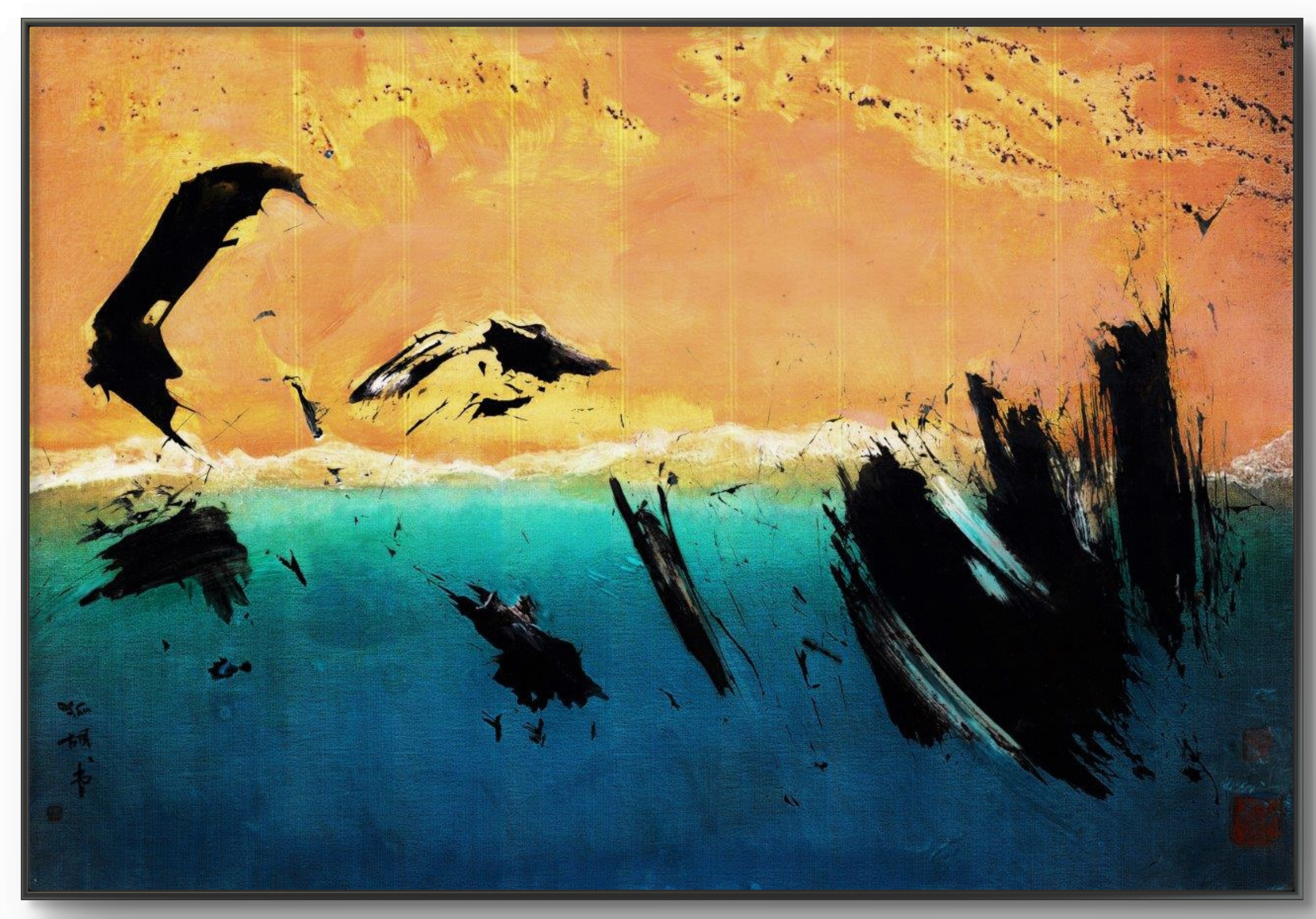 Abstract painting by Friedrich Zettl with sweeping black forms over layers of turquoise, blue, orange and pale green.